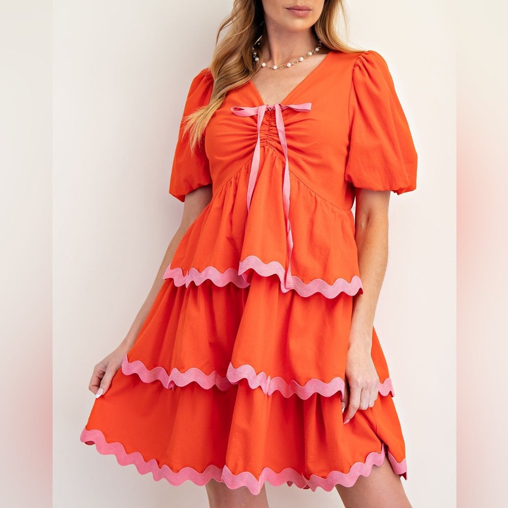 COTTON LINEN WAVE TRIM HEM DRESS